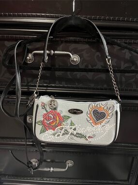 Ed Hardy White Mini Crossbody with Red Rose & Orange Heart Accents